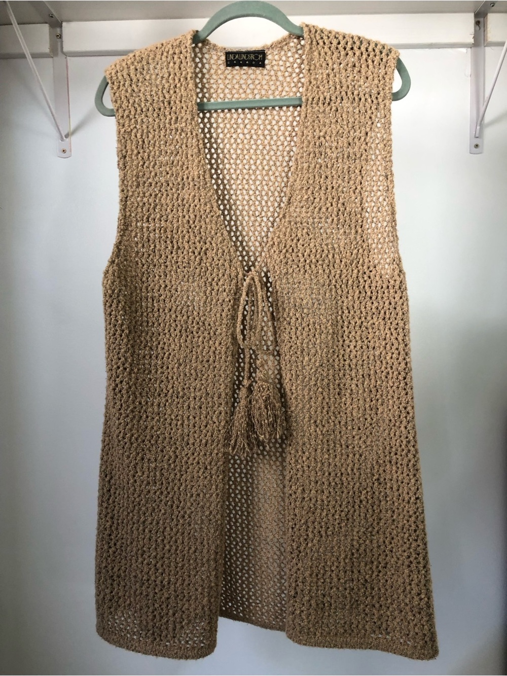 70s Coastal Boho Linda Lundstrom Canada Knit Knee Length Vest with Tassels
